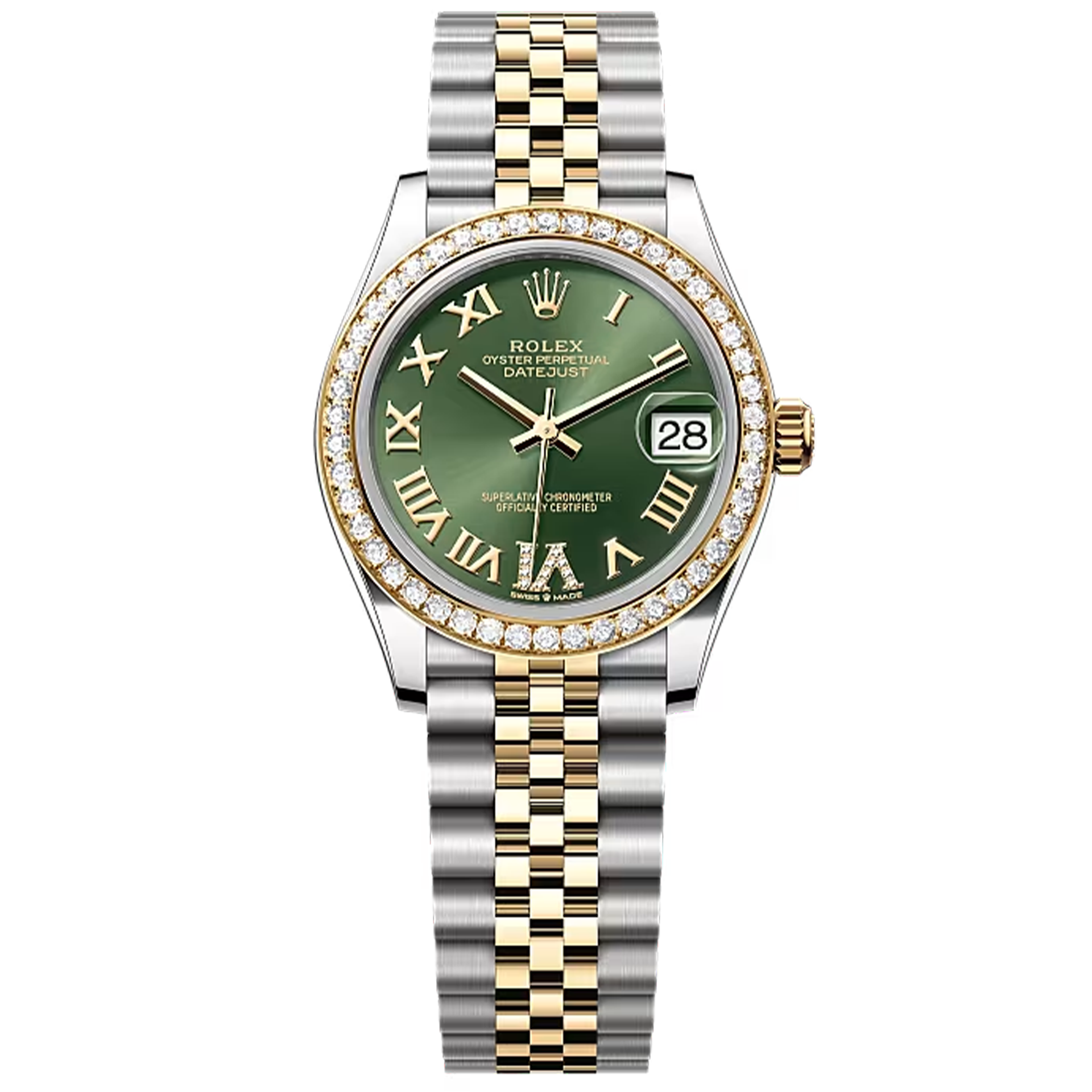 datejust-Olive-Green-Dial-RomanNumerals-DiamondBezel